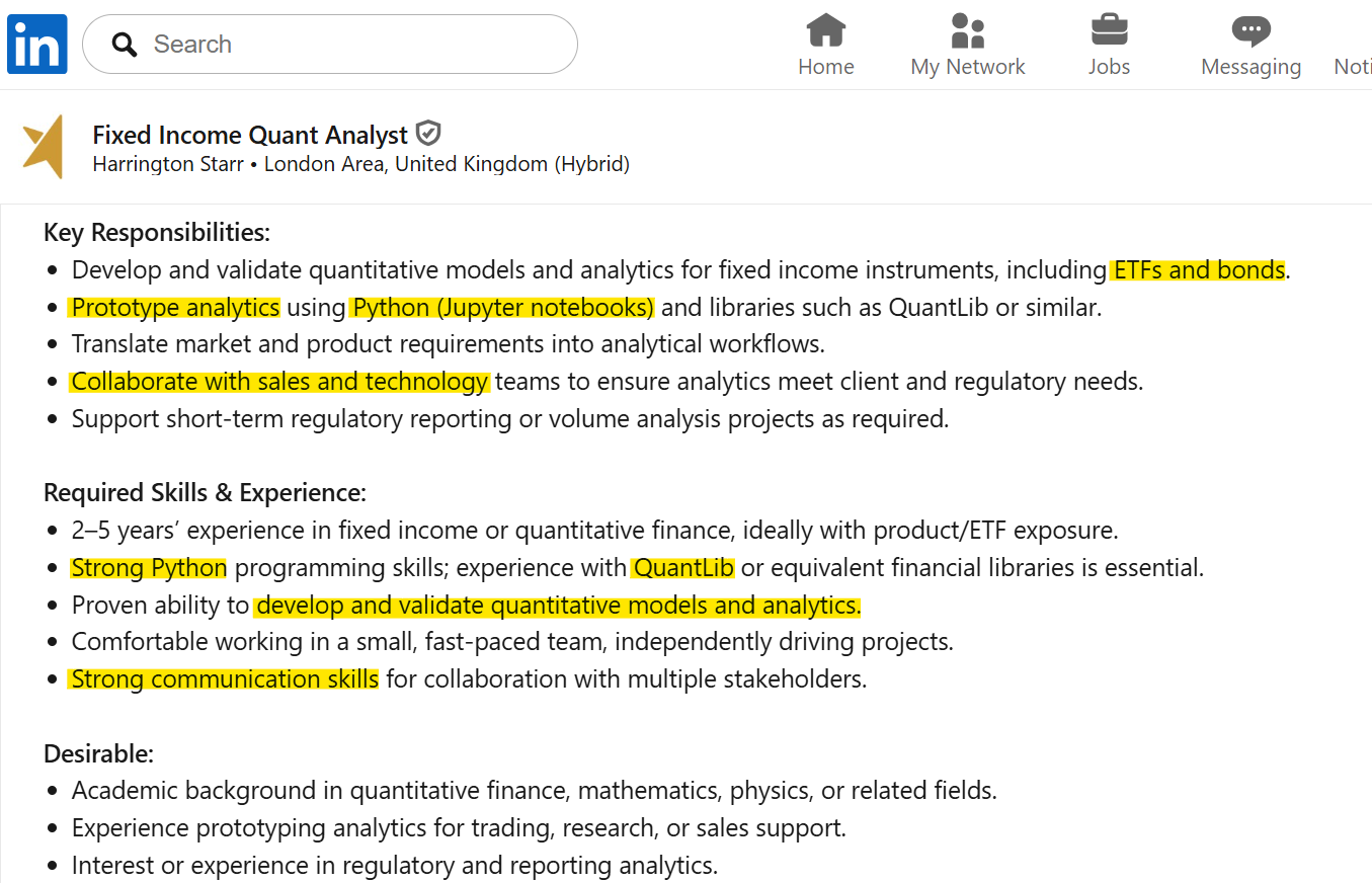 Job Description cho vị trí Fixed Income Quant Analyst, Fintech, tại London